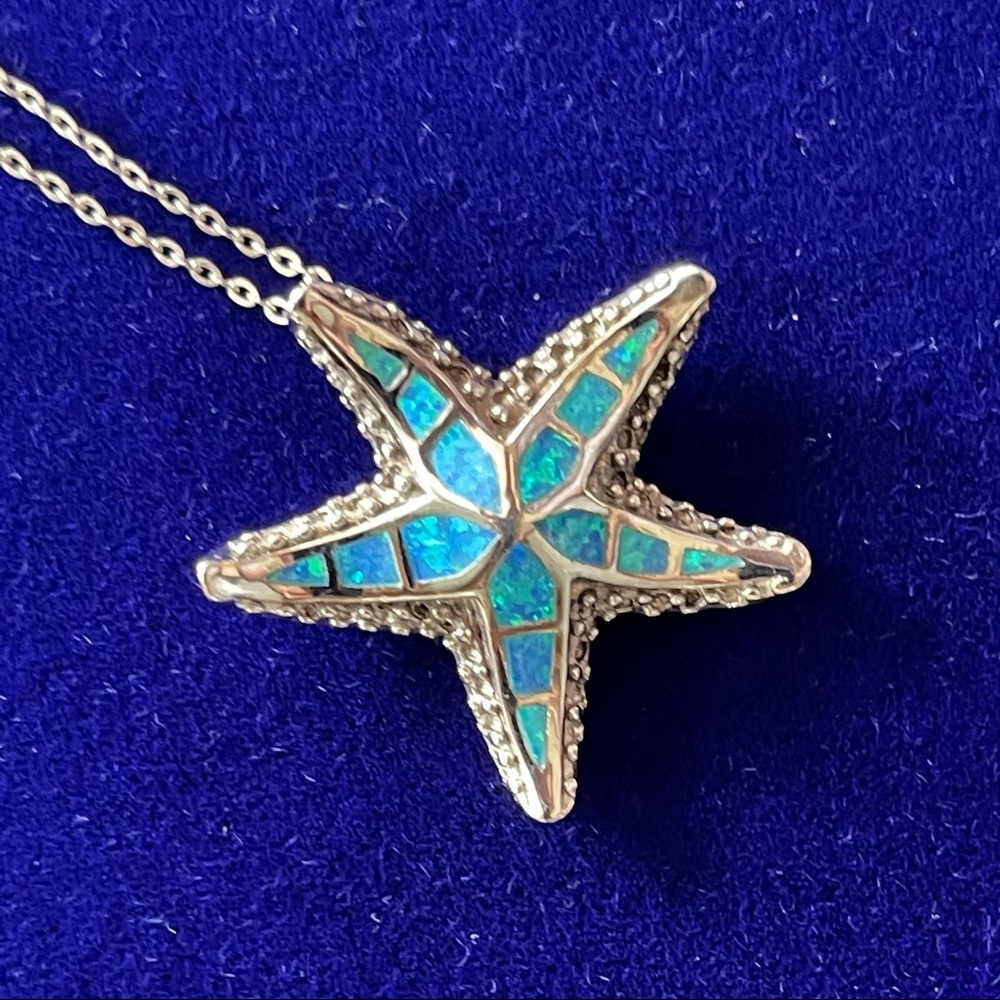 Sterling Silver Blue Opal Starfish Pendant Necklace